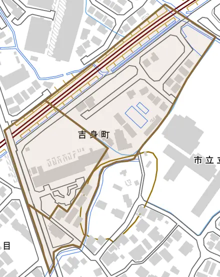 吉身町とその周辺の地図。町の範囲を重ねている