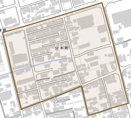 分木町とその周辺の地図。町の範囲を重ねている