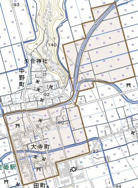 大寺町とその周辺の地図。町の範囲を重ねている