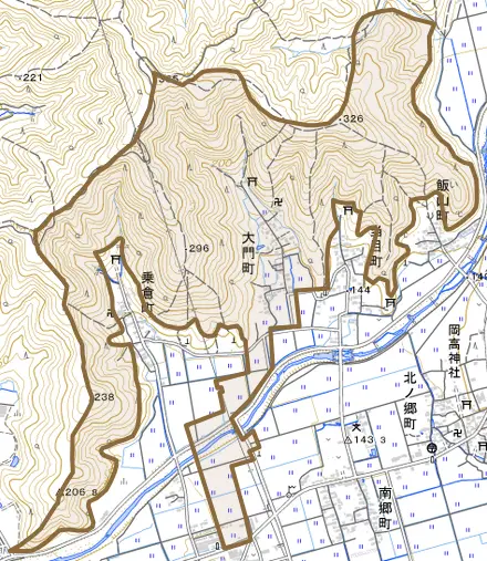 大門町とその周辺の地図。町の範囲を重ねている