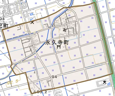 永久寺町とその周辺の地図。町の範囲を重ねている