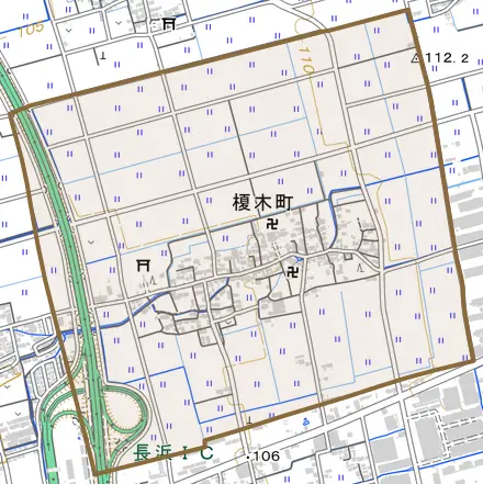 榎木町とその周辺の地図。町の範囲を重ねている