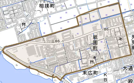 祇園町とその周辺の地図。町の範囲を重ねている