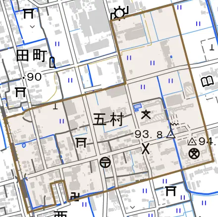 五村とその周辺の地図。町の範囲を重ねている