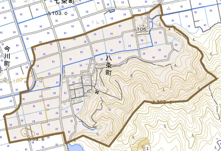 八条町とその周辺の地図。町の範囲を重ねている