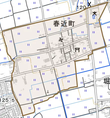 春近町とその周辺の地図。町の範囲を重ねている