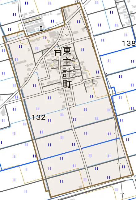 東主計町とその周辺の地図。町の範囲を重ねている