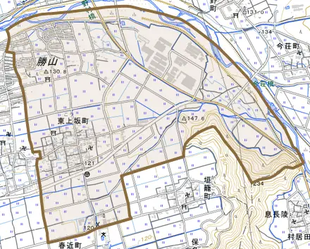 東上坂町とその周辺の地図。町の範囲を重ねている