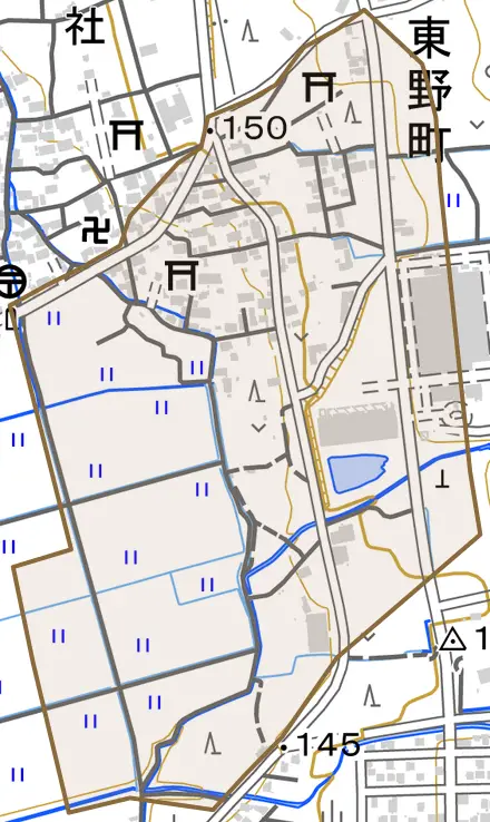 東野町とその周辺の地図。町の範囲を重ねている