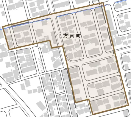 平方南町とその周辺の地図。町の範囲を重ねている