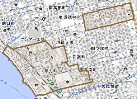 平方町とその周辺の地図。町の範囲を重ねている