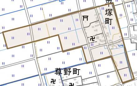 平塚町とその周辺の地図。町の範囲を重ねている