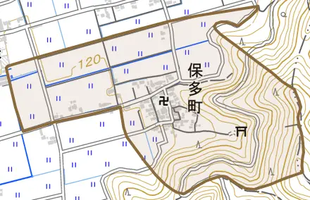保多町とその周辺の地図。町の範囲を重ねている
