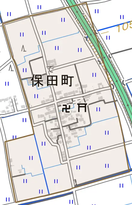 保田町とその周辺の地図。町の範囲を重ねている