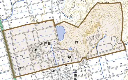 本庄町とその周辺の地図。町の範囲を重ねている