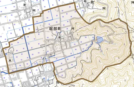 堀部町とその周辺の地図。町の範囲を重ねている