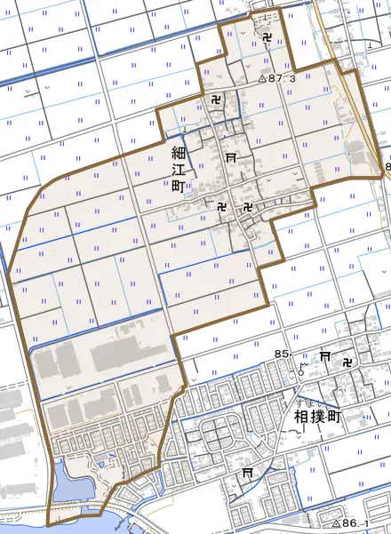 細江町とその周辺の地図。町の範囲を重ねている