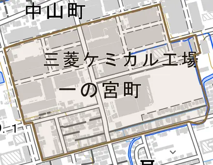 一の宮町とその周辺の地図。町の範囲を重ねている