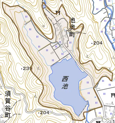 池奥町とその周辺の地図。町の範囲を重ねている