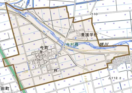 今町とその周辺の地図。町の範囲を重ねている