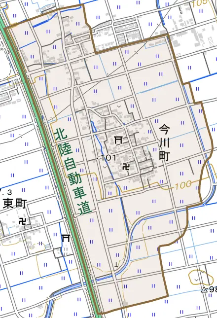 今川町とその周辺の地図。町の範囲を重ねている