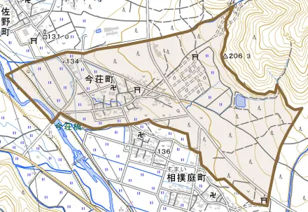 今荘町とその周辺の地図。町の範囲を重ねている