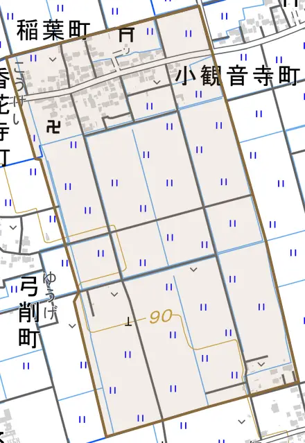 稲葉町とその周辺の地図。町の範囲を重ねている