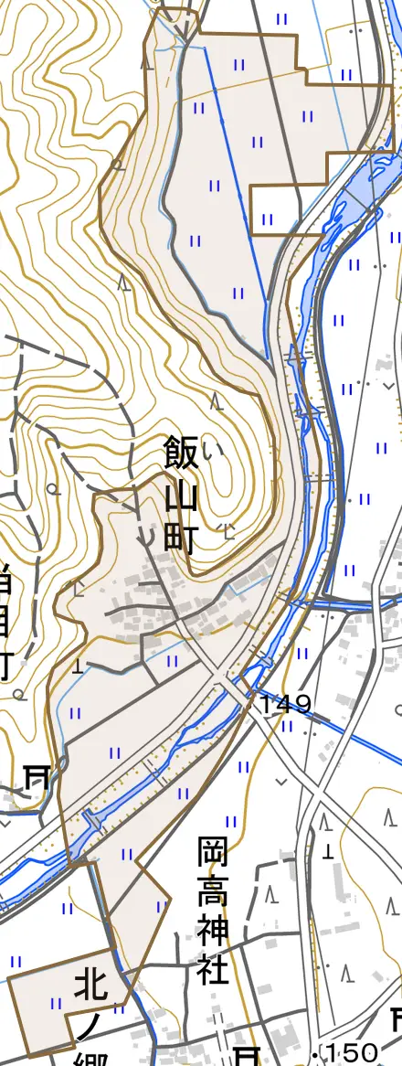 飯山町とその周辺の地図。町の範囲を重ねている