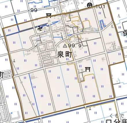 泉町とその周辺の地図。町の範囲を重ねている