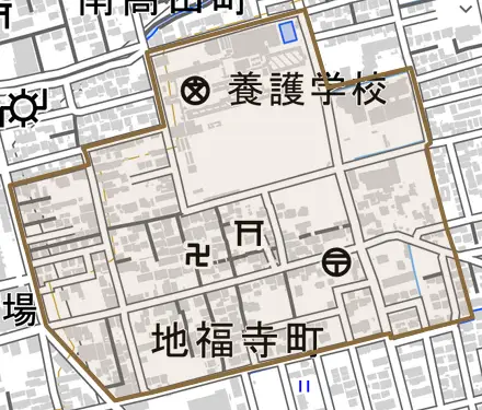 地福寺町とその周辺の地図。町の範囲を重ねている