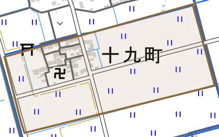 十九町とその周辺の地図。町の範囲を重ねている