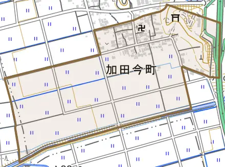加田今町とその周辺の地図。町の範囲を重ねている
