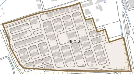 柿ノ木とその周辺の地図。町の範囲を重ねている