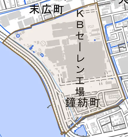 鐘紡町とその周辺の地図。町の範囲を重ねている