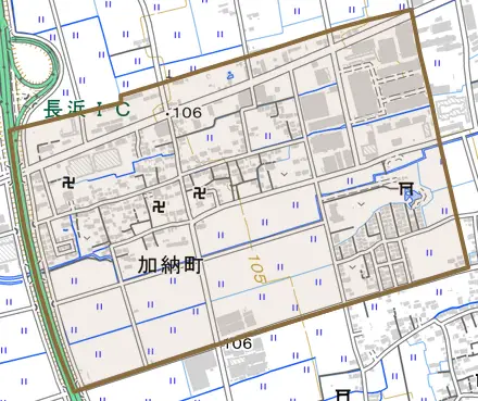 加納町とその周辺の地図。町の範囲を重ねている