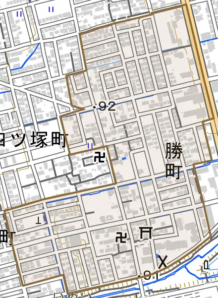 勝町とその周辺の地図。町の範囲を重ねている