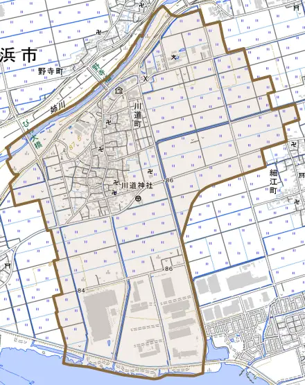 川道町とその周辺の地図。町の範囲を重ねている