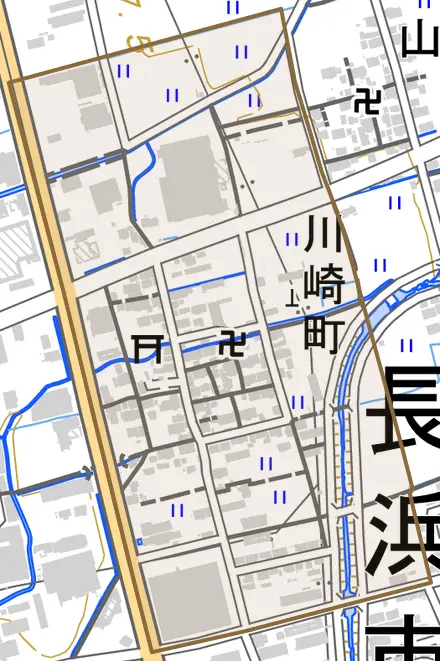 川崎町とその周辺の地図。町の範囲を重ねている