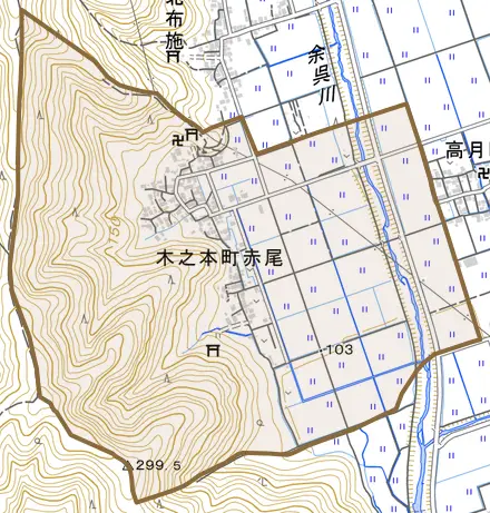 木之本町赤尾とその周辺の地図。町の範囲を重ねている
