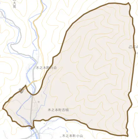 木之本町古橋とその周辺の地図。町の範囲を重ねている