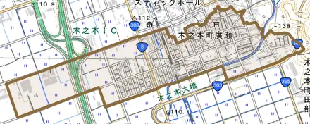 木之本町廣瀬とその周辺の地図。町の範囲を重ねている