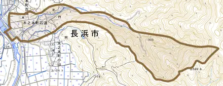 木之本町石道とその周辺の地図。町の範囲を重ねている