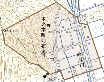 木之本町北布施とその周辺の地図。町の範囲を重ねている