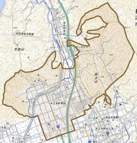 木之本町黒田とその周辺の地図。町の範囲を重ねている