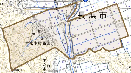 木之本町西山とその周辺の地図。町の範囲を重ねている