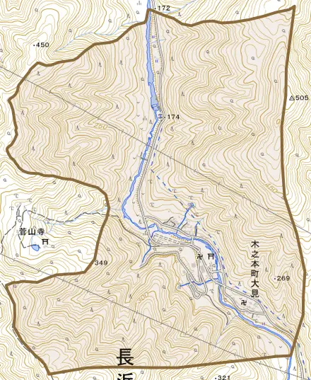 木之本町大見とその周辺の地図。町の範囲を重ねている