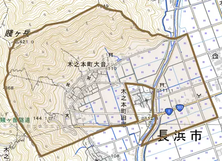 木之本町大音とその周辺の地図。町の範囲を重ねている