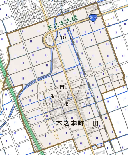 木之本町千田とその周辺の地図。町の範囲を重ねている