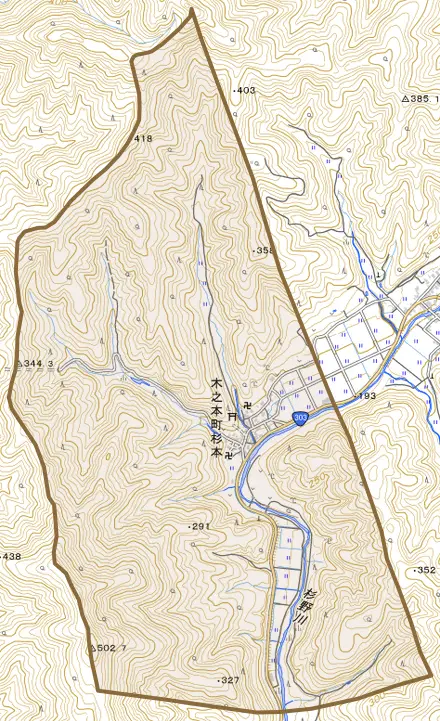 木之本町杉本とその周辺の地図。町の範囲を重ねている