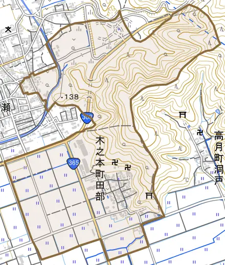 木之本町田部とその周辺の地図。町の範囲を重ねている